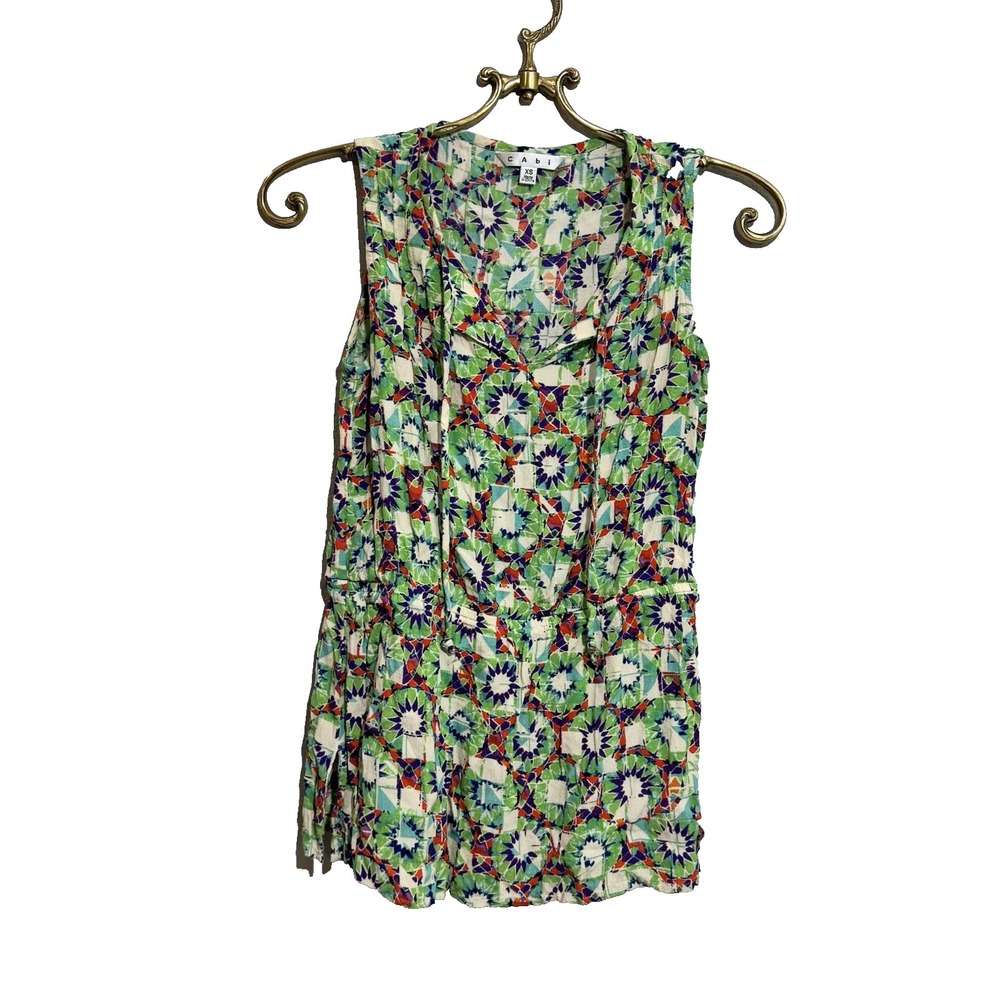 CABI 316 Kaleidoscope Sleeveless Blouse Geometric Tank Green Tan XS Extra Small